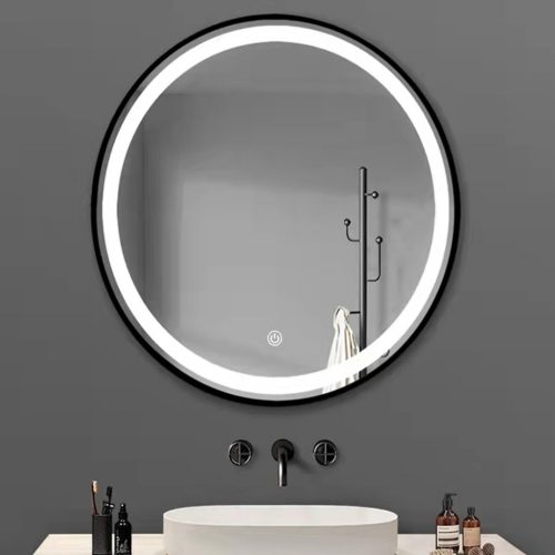 TMP IRON fürdőszobai tükör - FEKETE keret - kerek - LED világítással - 80 cm