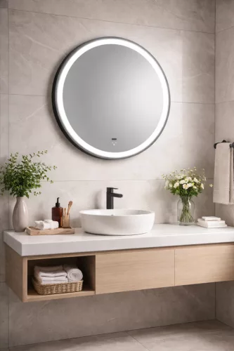 TMP IRON fürdőszoba tükör - FEKETE keret - kerek - LED világítással - érintésmentes kapcsoló - 70 cm