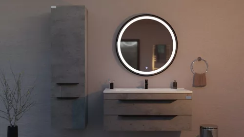 TMP IRON fürdőszoba tükör - FEKETE keret - kerek - LED világítással - érintésmentes kapcsoló - 90 cm