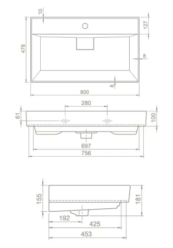 TMP LUX 80 fali fürdőszobabútor - CeraStyle SHARP FEKETE mosdóval - 80 x 48 cm