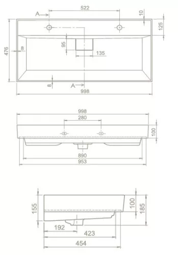 TMP TRIO 100D álló fürdőszobabútor - CeraStyle SHARP FEKETE DUPLA csaplyukas mosdóval - 100 x 48 cm