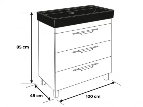 TMP TRIO 100 álló fürdőszobabútor - CeraStyle SHARP FEKETE mosdóval - 100 x 48 cm