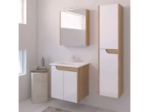 Piramida AKVA Tükrös fürdőszobai szekrény - LED világítással - FEHÉR-TÖLGY - 60 x 69 x 15 cm