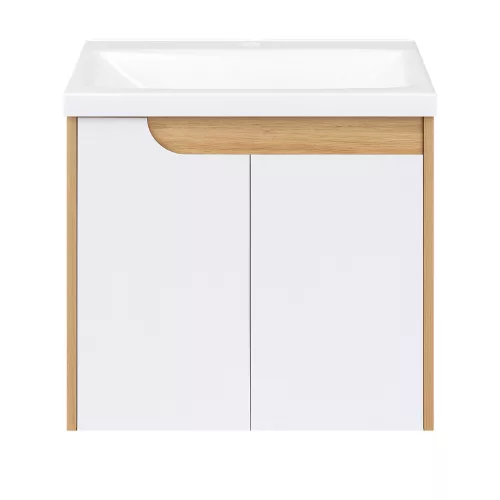 Piramida EURIDIKA fali fürdőszobabútor - műmárvány mosdóval -2 ajtós - FEHÉR-TÖLGY - 60 x 46 x 62 cm