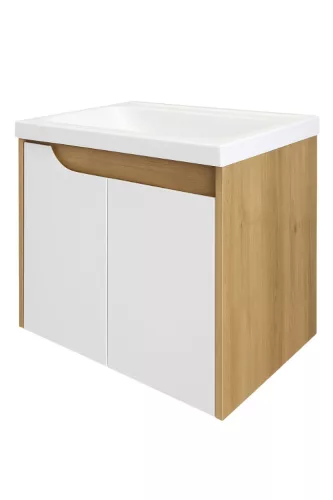 Piramida EURIDIKA fali fürdőszobabútor - műmárvány mosdóval -2 ajtós - FEHÉR-TÖLGY - 60 x 46 x 62 cm
