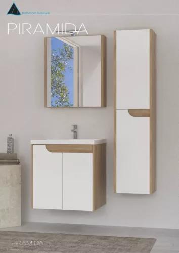 Piramida EURIDIKA fali fürdőszobabútor - műmárvány mosdóval -2 ajtós - FEHÉR-TÖLGY - 60 x 46 x 62 cm