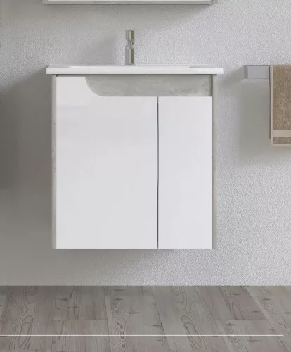 Piramida EURIDIKA fali fürdőszobabútor - műmárvány mosdóval -2 ajtós - FEHÉR-SZÜRKE -65 x 48 x 62 cm
