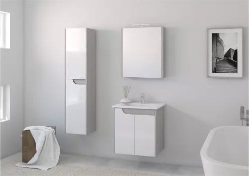 Piramida EURIDIKA fali fürdőszobabútor - műmárvány mosdóval -2 ajtós - FEHÉR-SZÜRKE - 65 x 48 x 62 cm