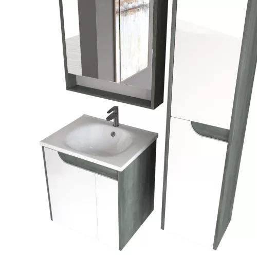 Piramida AKVA Tükrös fürdőszobai szekrény - 2 ajtós kivitel - LED világítással - FEHÉR-SÖTÉT - 65 x 69 x 15 cm