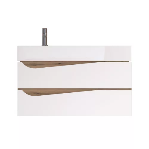 Piramida EURIDIKA fali fürdőszobabútor - műmárvány mosdóval -2 fiókos - ALPINFEHÉR-TÖLGY - 70 x 41 x 56 cm