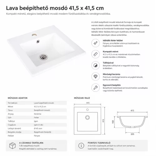 Lava beépíthető mosdó 41,5 x 41,5 cm