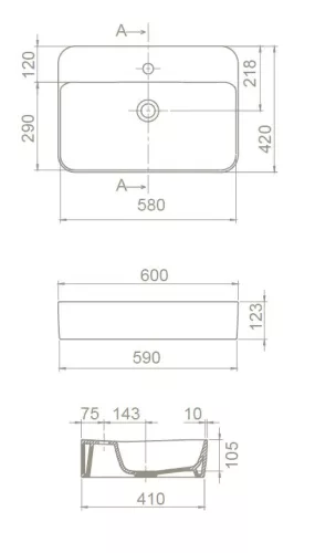 CeraStyle HERA - PULTRA ültethető - Top Counter - porcelán mosdó - 60 x 42 cm