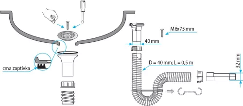 TEXO mosogatószifon - flexibilis csővel - Ø 1" x 0,5 m x Ø 40/32 mm