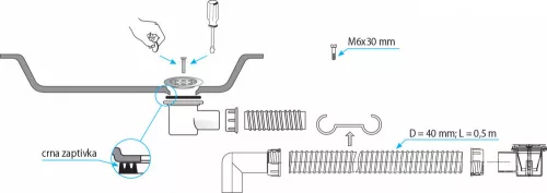 TEXO zuhanytálcaszifon - flexibilis bekötőcsővel - Ø 5/4" x 0,5 m x Ø 40 mm