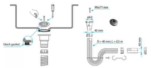 TEXO mosdószifon - flexibilis csővel - Ø 5/4" x 0,5 m x Ø 40 mm