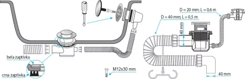 TEXO kádszifon - KRÓM - Klikk - klakk leeresztővel - flexibilis csővel - Ø 5/4" x 0,5 m x Ø 40 mm